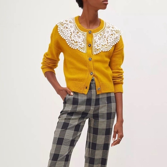 Maeve by Anthropologie Lace Collar Mustard Yellow Cardigan Size M - Picture 1 of 16